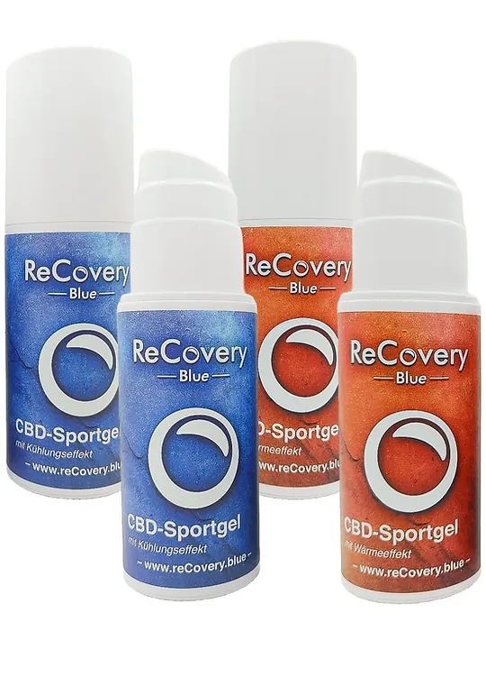 ReCovery Blue CBD-Sportgel: 100-ml-Flaschen in Blau (Kühlung) und Orange (Wärme)